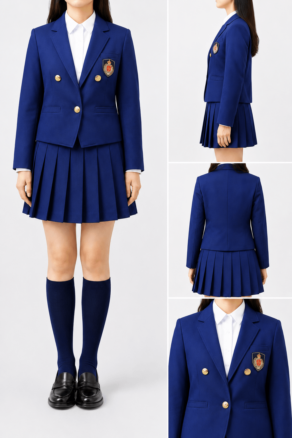エンブレム付きブルーブレザー✕ブルースカート